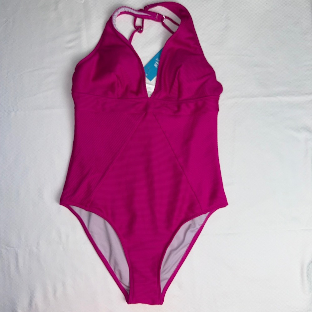 Cupshe Womens Magenta Pink Ribbed V-Neck Halter One Piece Swimsuit Size M